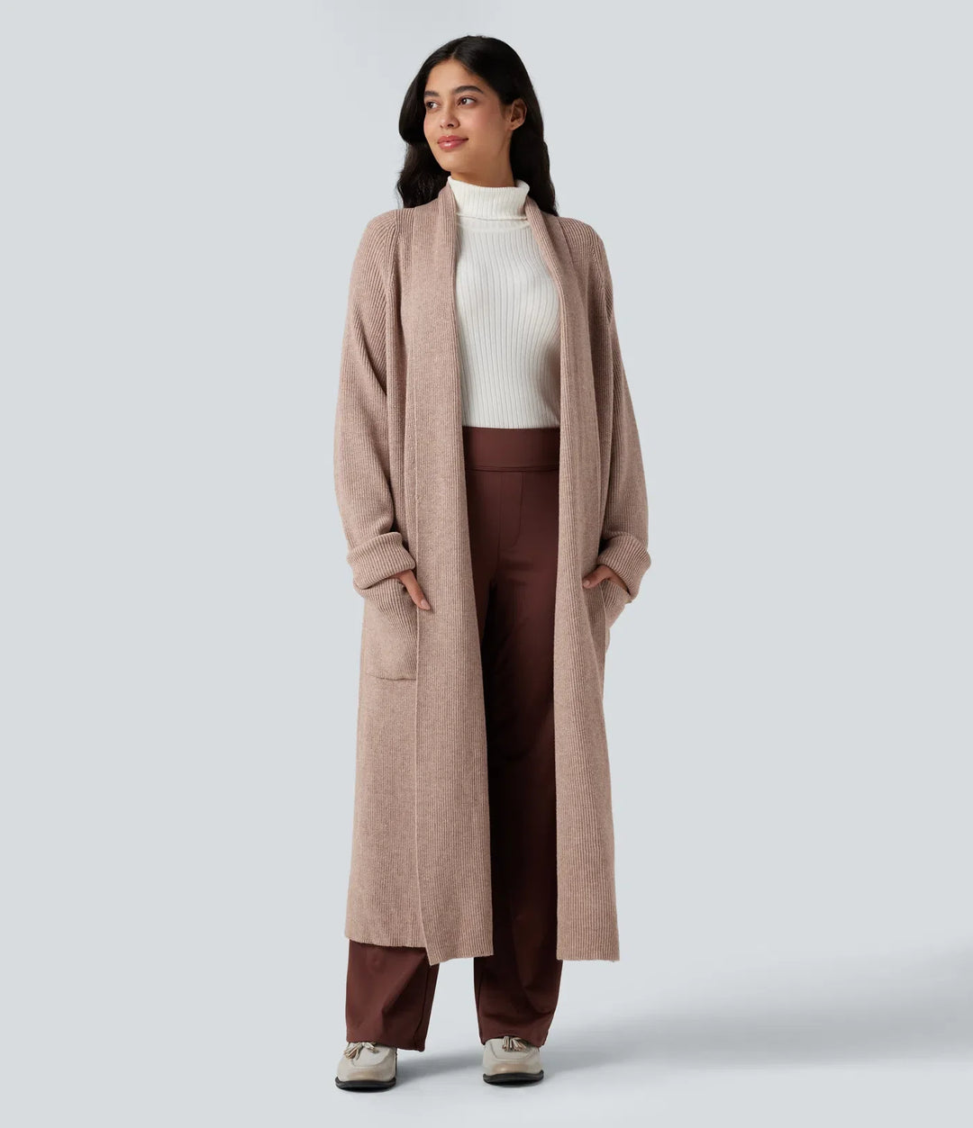 Långärmad arbete lång modell cardigan med fickor