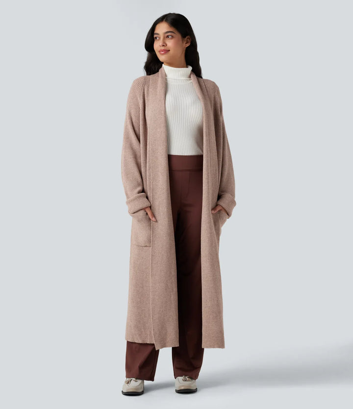 Långärmad arbete lång modell cardigan med fickor