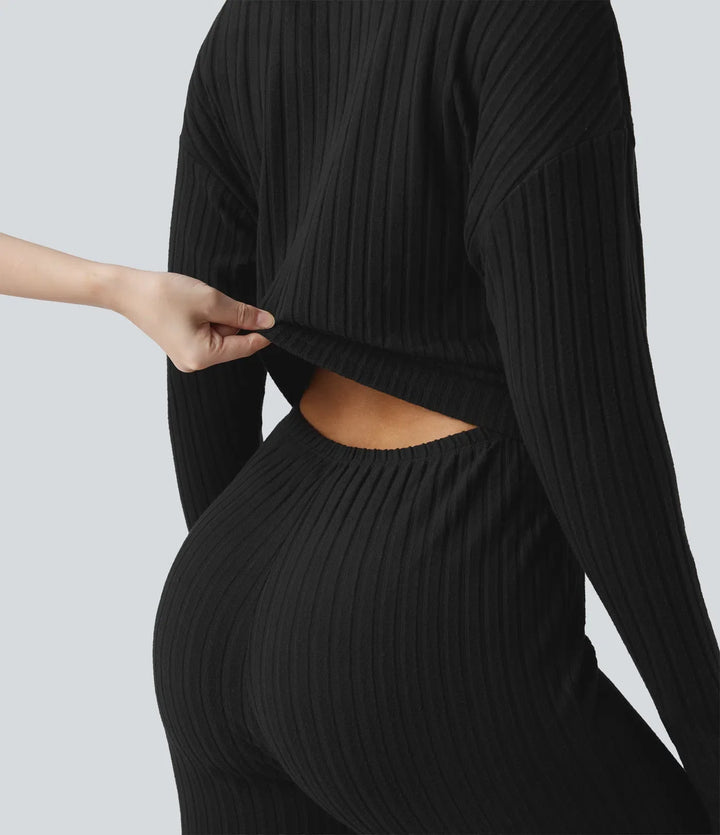 Ribbstickad V-ringad långärmad vardaglig jumpsuit-Easy Peezy