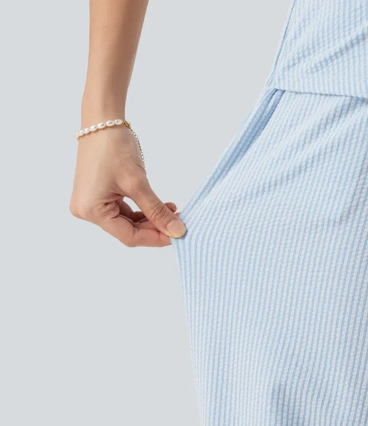 Kortärmad omlott knytning i ryggen randig skrynklad bomull vardaglig skjorta jumpsuit med fickor-Easy Peezy Edition