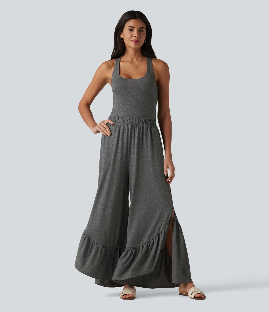 Korsad rygglös U-ringad ärmlös volangfåll fallande vardaglig jumpsuit med fickor-Easy Peezy