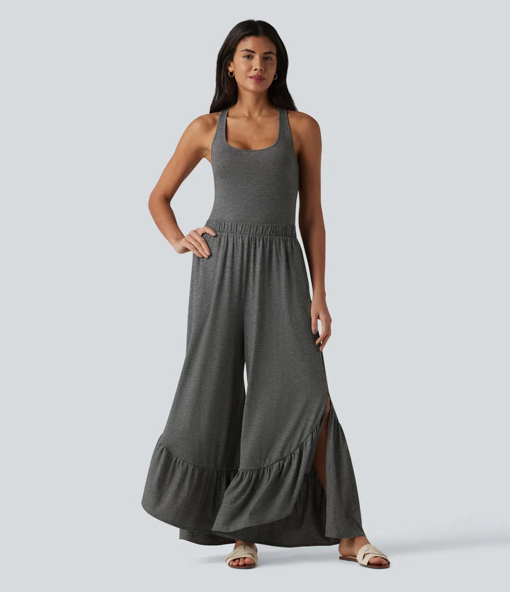 Korsad rygglös U-ringad ärmlös volangfåll fallande vardaglig jumpsuit med fickor-Easy Peezy