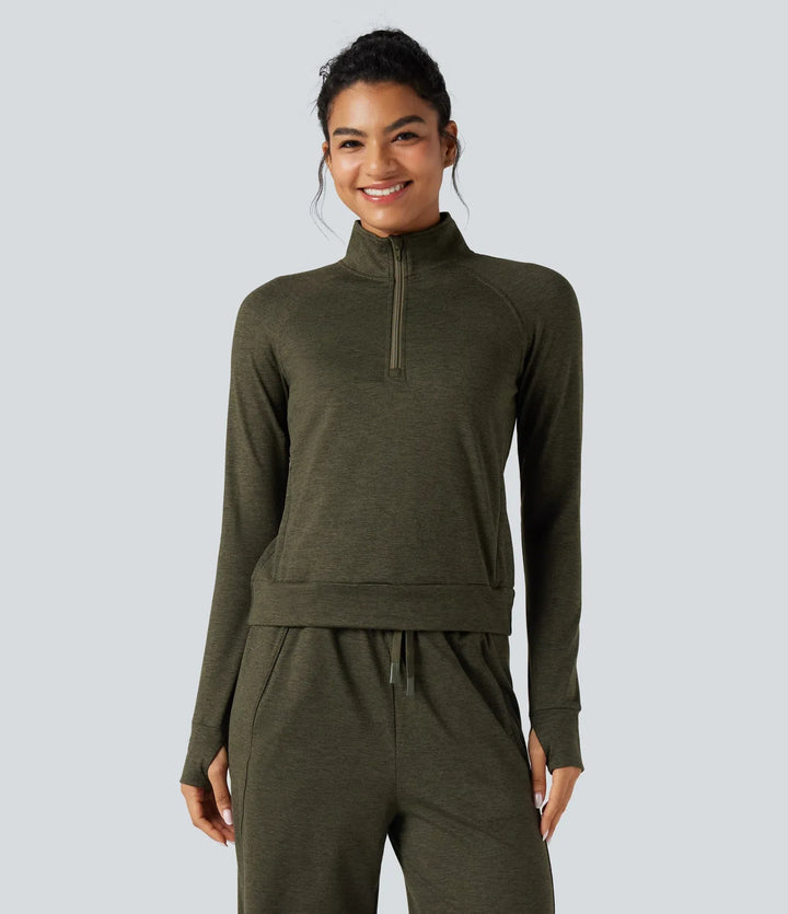Halv dragkedja tumhål snabbtorkande fleece vardaglig melerad sweatshirt med fickor-UPF40+