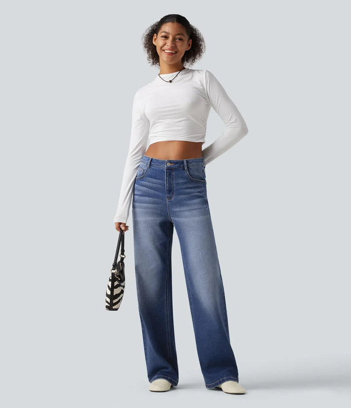 Högmidjad raka ben vardagsjeans med fickor