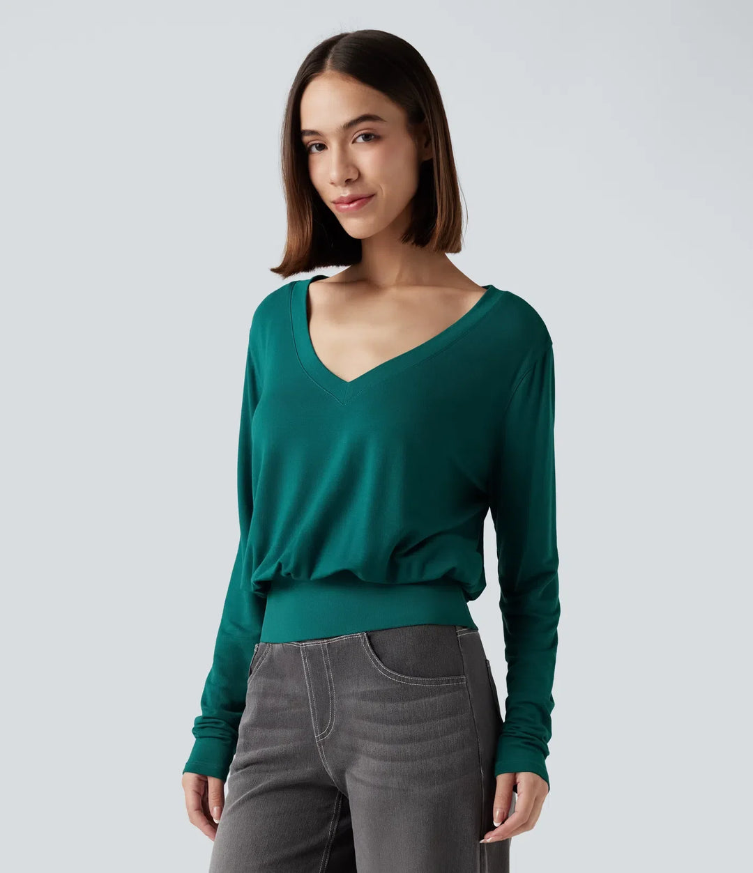 V-ringad långärmad vardaglig sweatshirt
