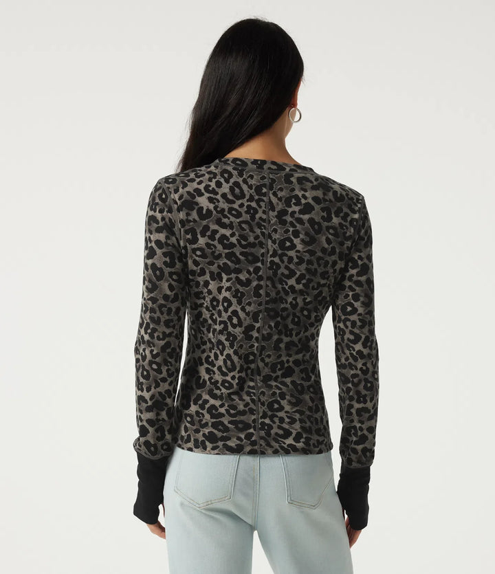Rund hals leopardmönster långärmad vardaglig T-shirt med tumhål
