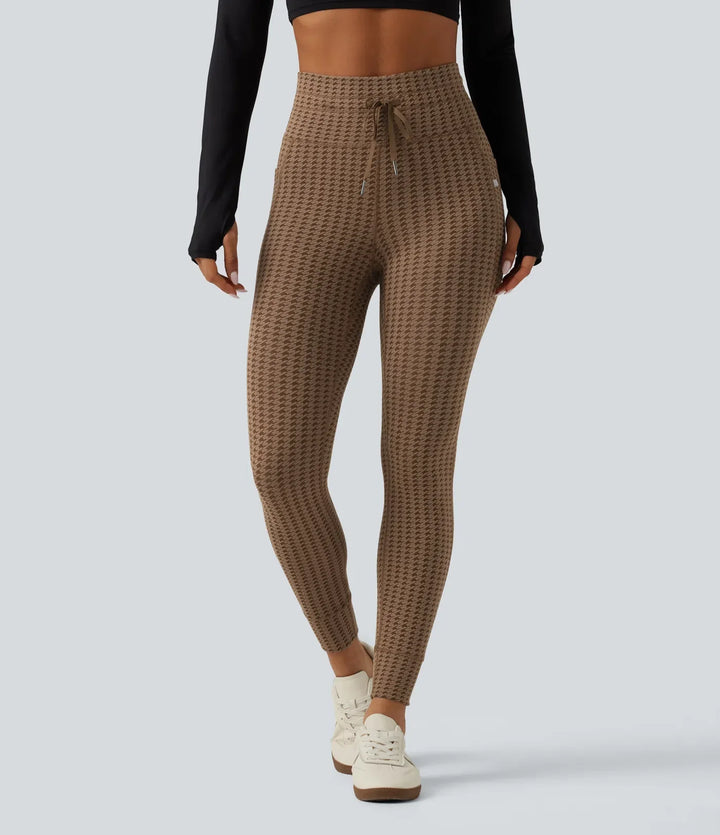 Högmidjad dragsko hundtand yogaleggings med fickor
