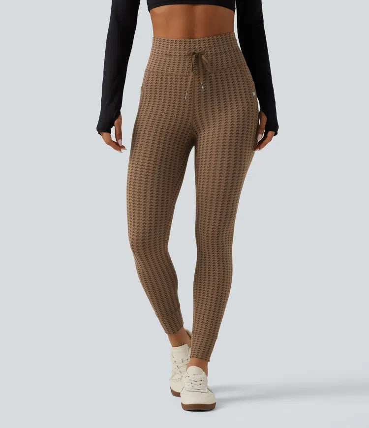 Högmidjad dragsko hundtand yogaleggings med fickor