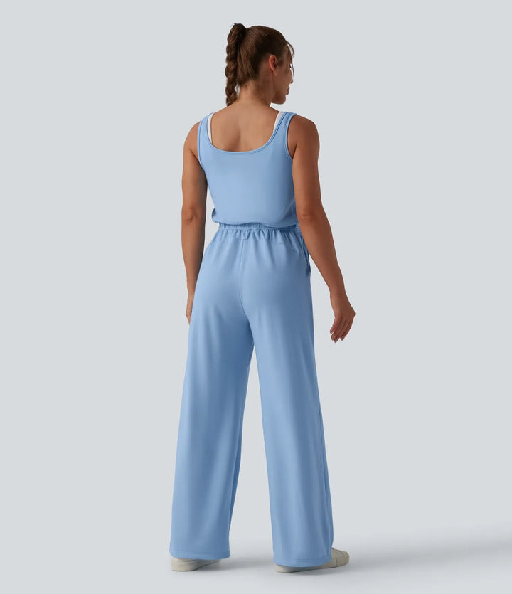 U-ringad djup-rund rygg dragsko vardaglig jumpsuit med fickor