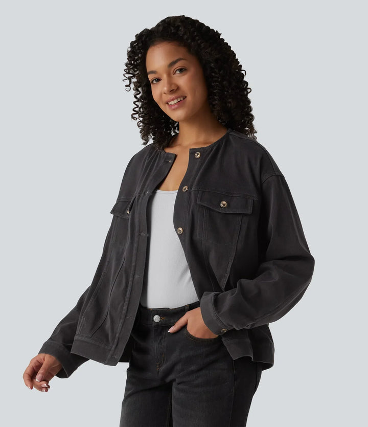 Lyckera Flex rund hals långärmad denim vardaglig jacka med fickor