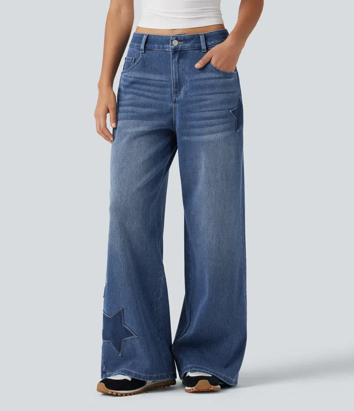 Halara Flex med hög midja baggy broderi vardagsjeans med fickor