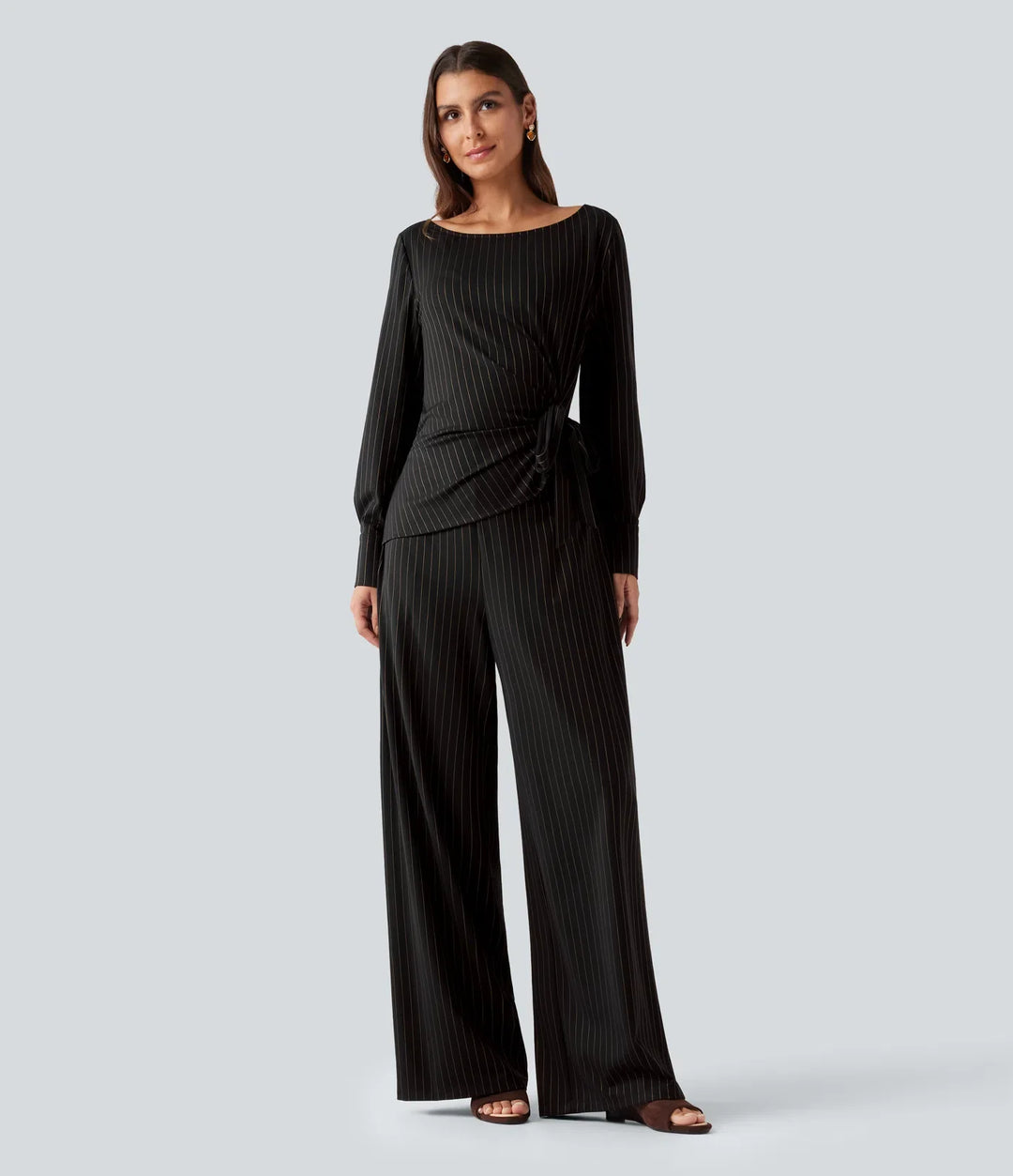 Båtringad långärmad knytning i sidan sval känsla randig arbetsjumpsuit med fickor-Easy Peezy Edition