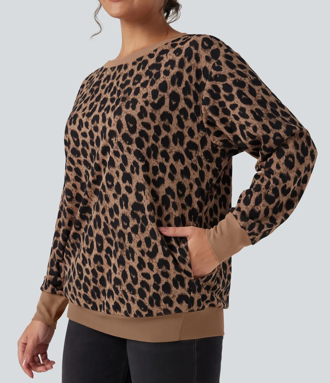 Rund hals långärmad leopard våffelstruktur oversized vardaglig sweatshirt med fickor