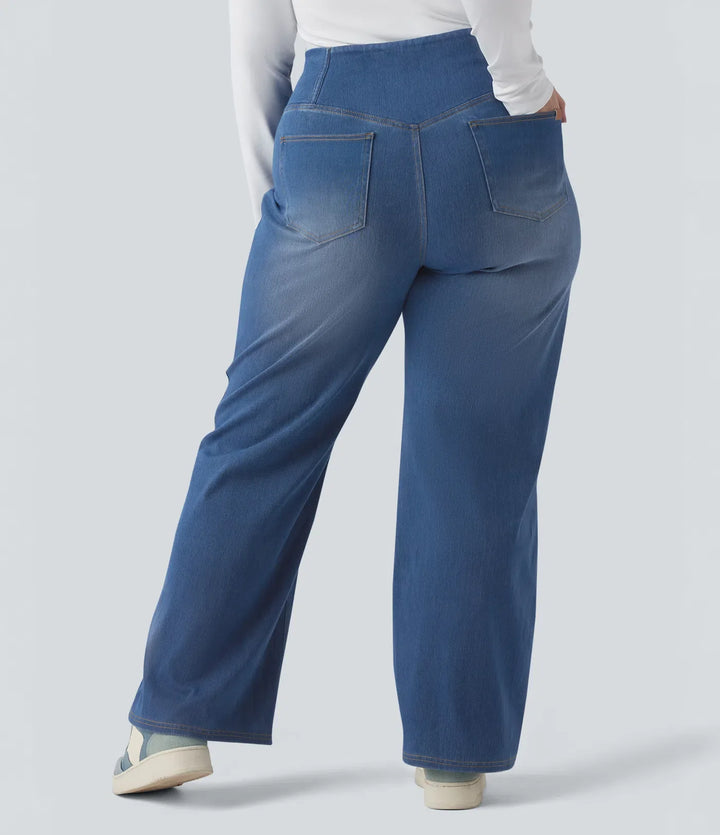 Halara Flex omlott med hög midja och magkontroll för vardag raka ben jeans i plusstorlek med fickor