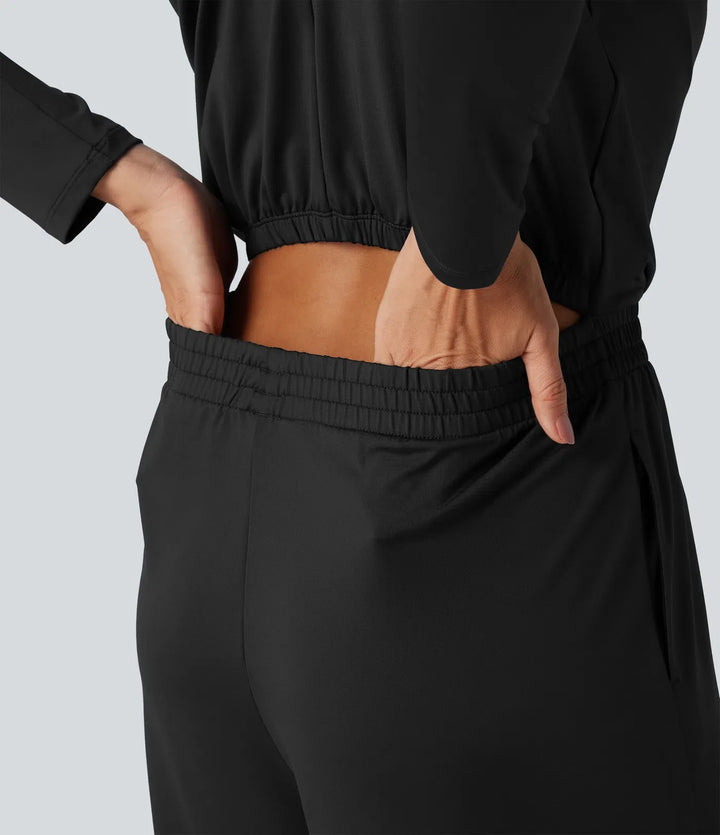 Ståkrage långärmad raka ben jumpsuit med fickor-Easy Peezy Edition