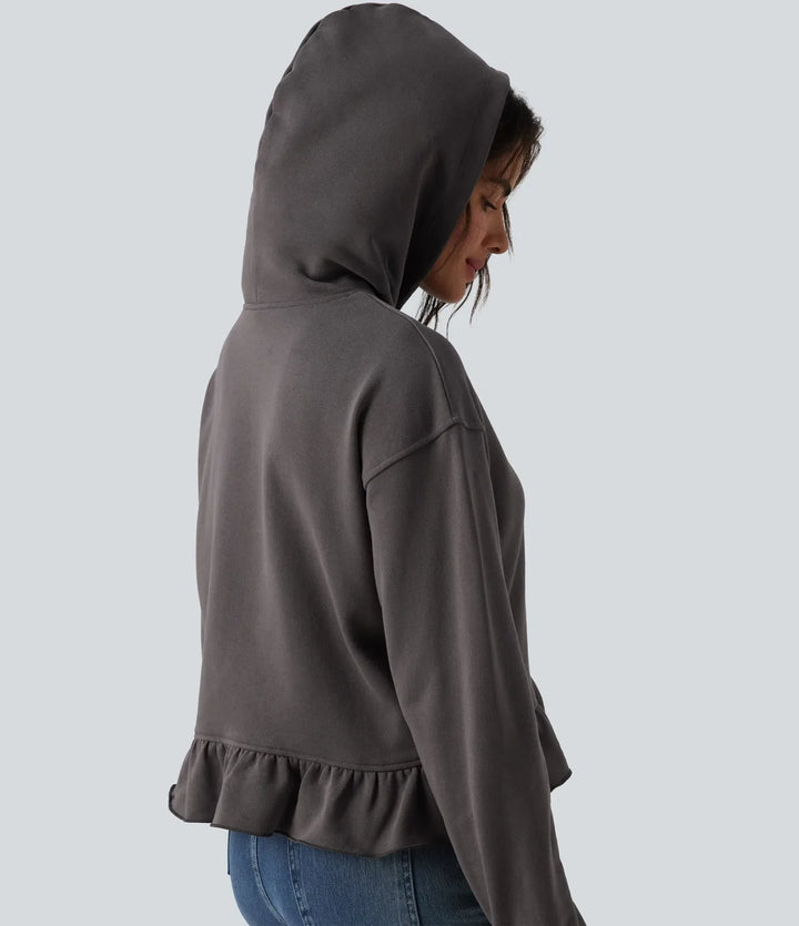 Med huva dragsko långärmad volangfåll vardaglig bomull sweatshirt