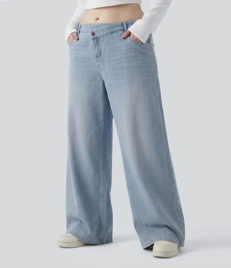 Plusstorlek Halara Flex asymmetrisk med låg midja vida ben tvättad vardagsjeans med fickor