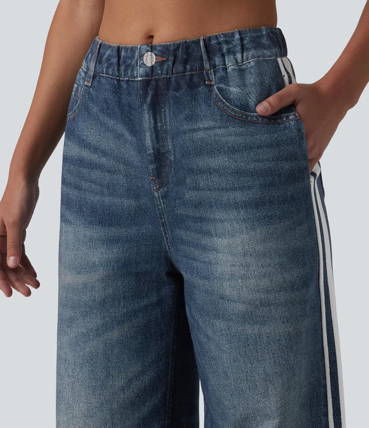 Medelhög midja denim mönster frotté randig vardaglig mjukisbyxor jeans med fickor