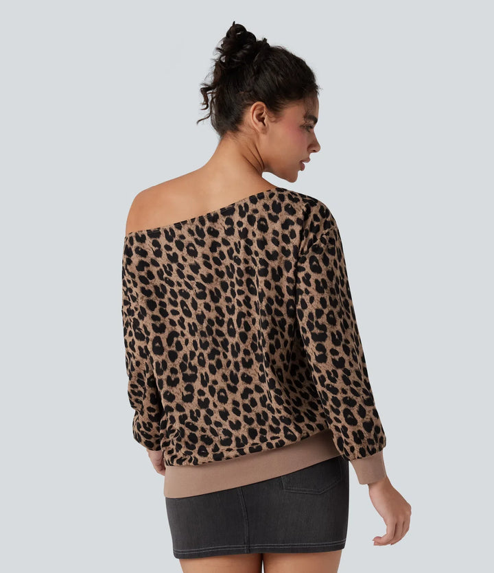 Enaxlad långärmad våffelstruktur leopard vardaglig sweatshirt med fickor