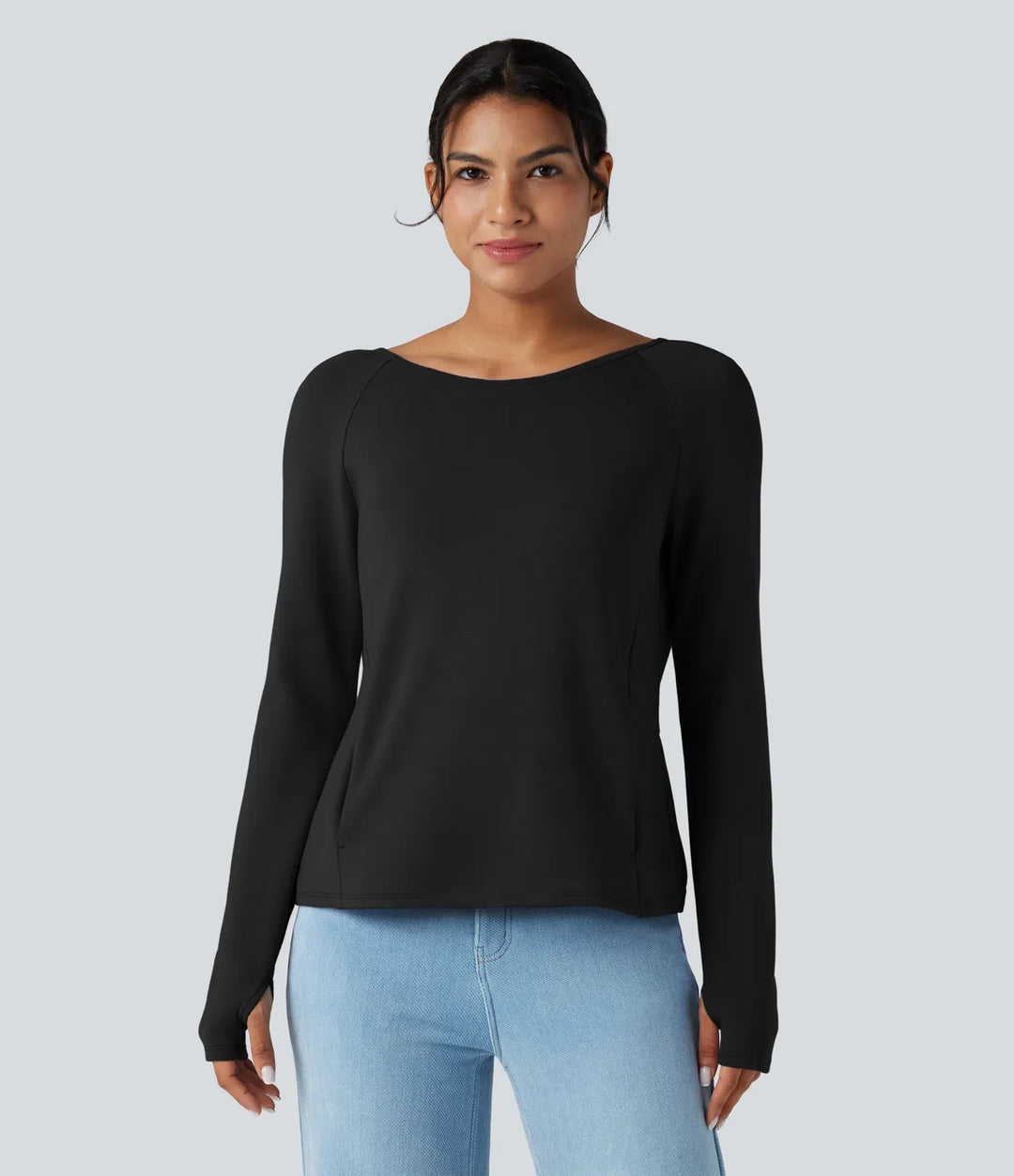 SpacerTek rygglös vriden långärmad tumhål vardaglig sweatshirt med fickor