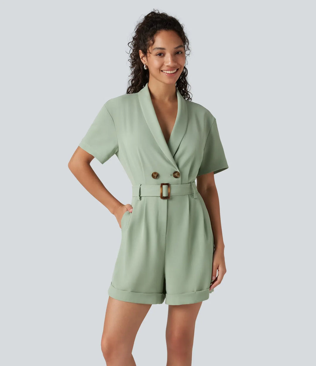 Sjalkrage kortärmad bältad arbete playsuit med fickor