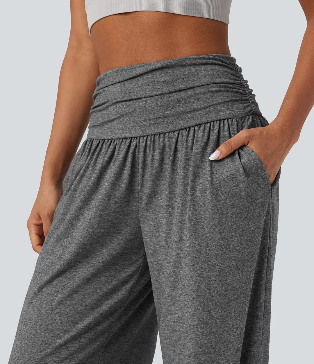 Högmidjad rynkat melerad yoga baggy byxor med fickor