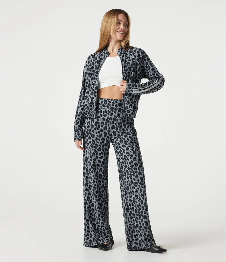 Högmidjad baggy färgblock leopardmönster våffelstruktur vardagsbyxor med fickor