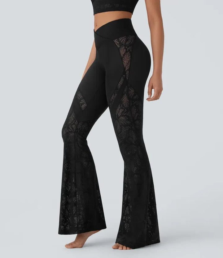 SoftlyZero med hög midja, omlottmidja och ficka kontrastspets utsvängd yogaleggings