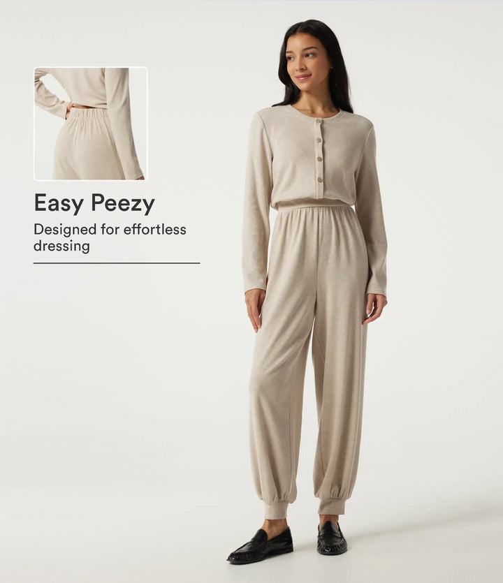 Rund hals långärmad vardaglig jumpsuit med fickor -Easy Peezy Edition