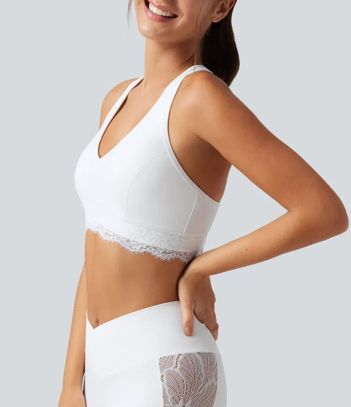 Halara UltraSculpt lätt stöd V-ringning inbyggd bh brottarrygg kontrastspets träning sport-bh