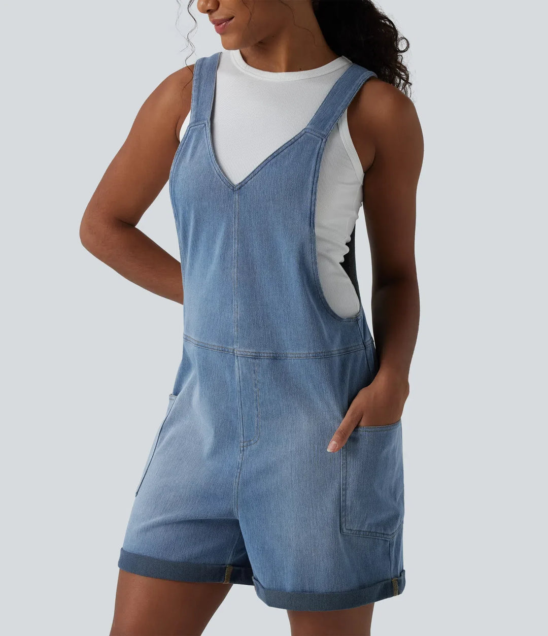 Lyckera Flex V-ringad upprullad fåll tvättad denim vardaglig kort overall med fickor
