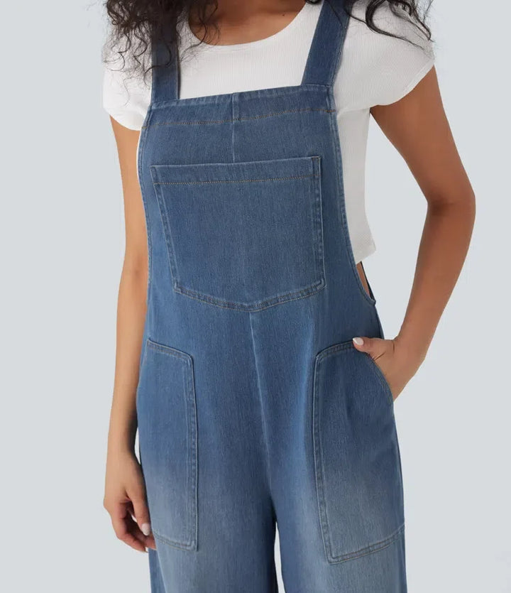 Halara Flex fyrkantig halsringning tvättad denim hängselbyxor för vardag med fickor