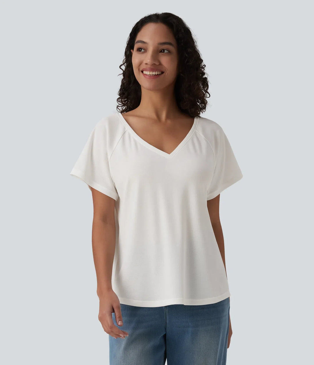 V-ringning raglan kortärmad avslappnad T-shirt för vardag