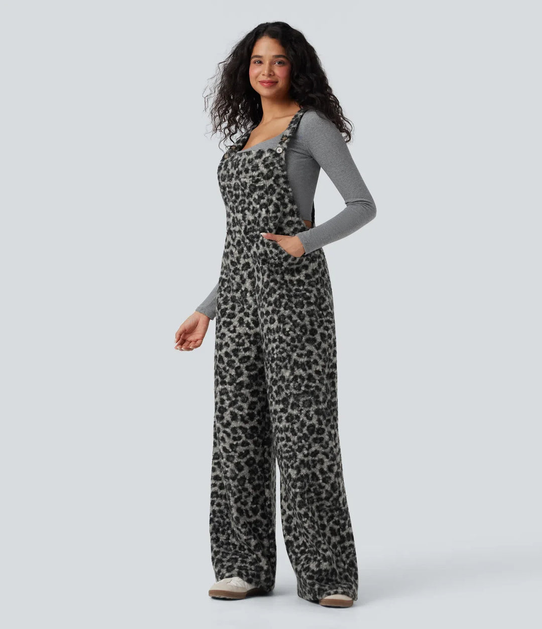 Fyrkantig halsringning leopardmönster teddy vardaglig baggy overall med fickor