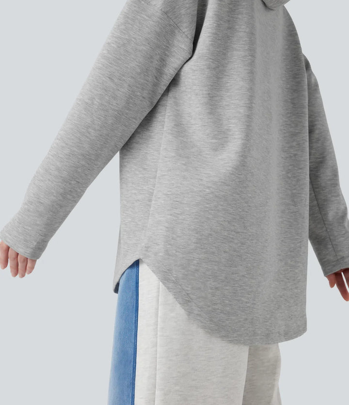 Med huva dragsko långärmad rundad fåll vardaglig sweatshirt med ficka