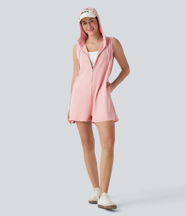 Med huva ärmlös dragkedja vardaglig jumpsuit med fickor