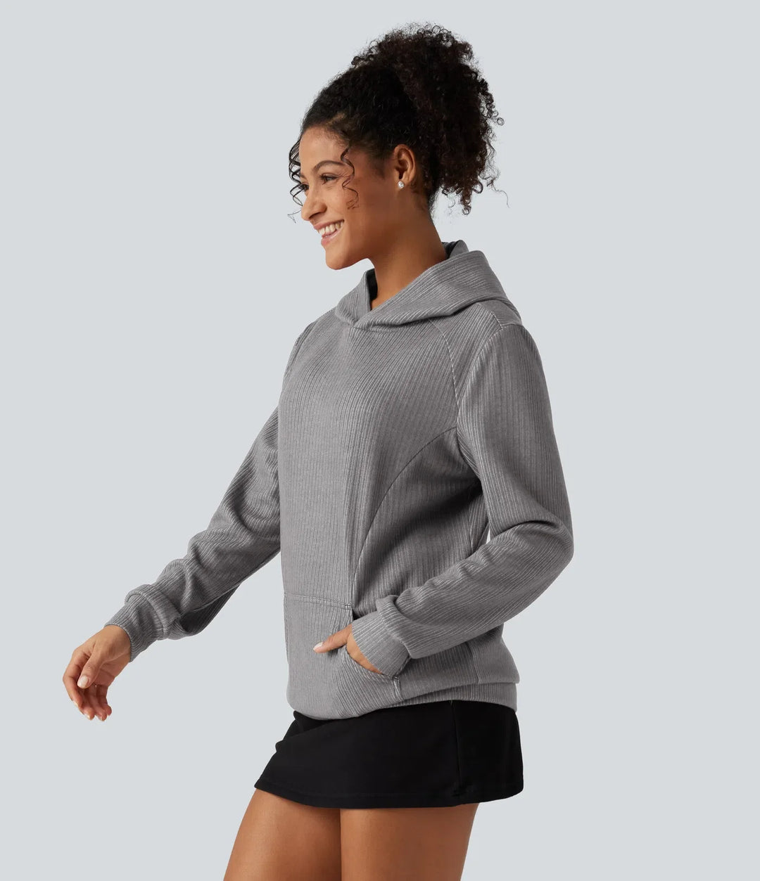 Ribbad med huva långärmad vardaglig sweatshirt med ficka