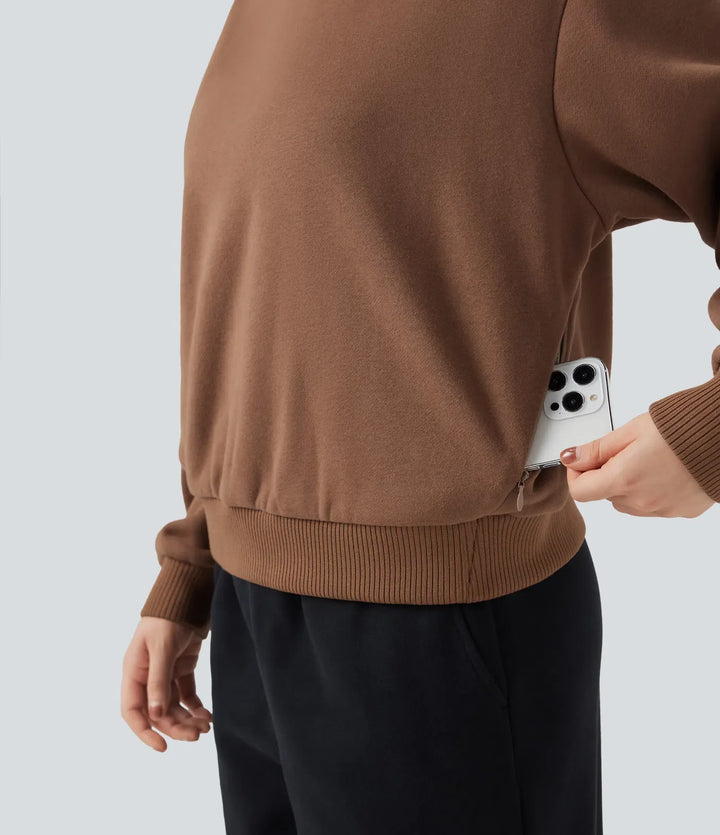 Rund hals långärmad fleece vardaglig bomull sweatshirt med fickor