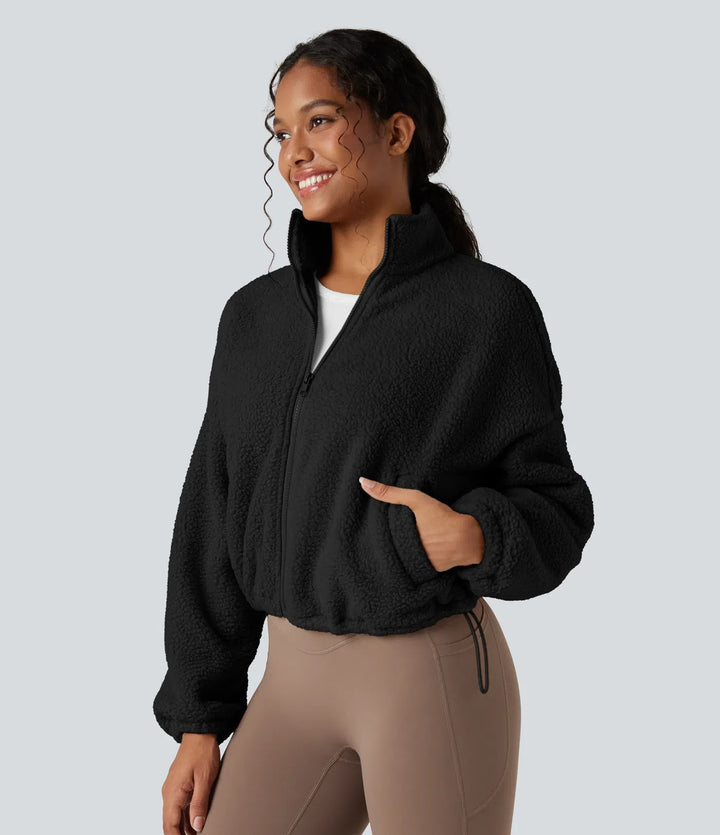 Hög hals långärmad dragkedja fleece träningsjacka med fickor