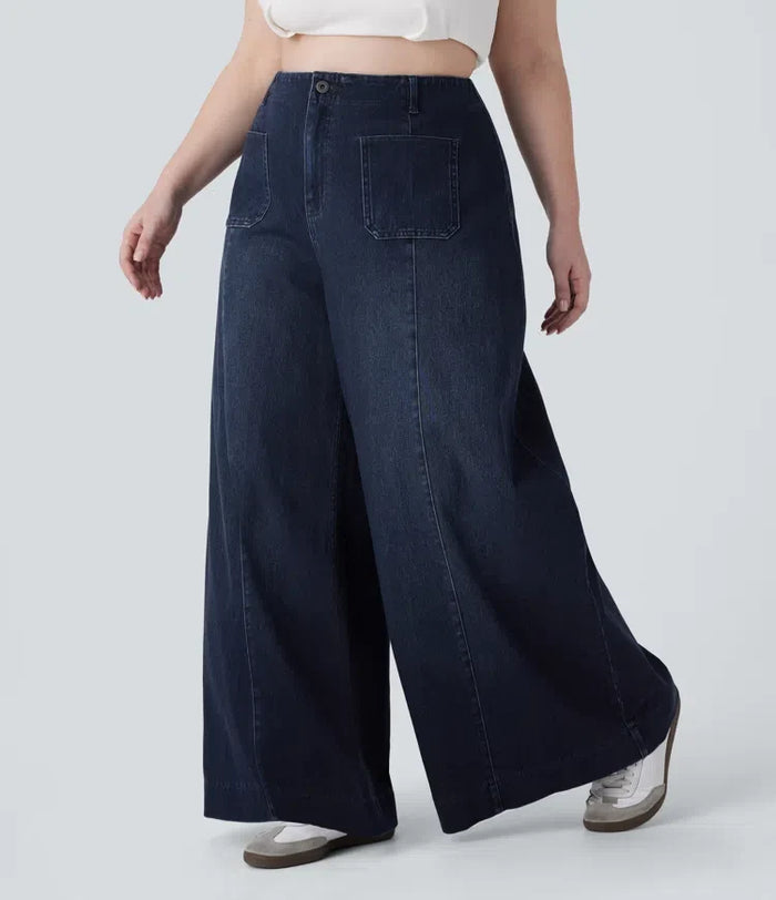 Halara Flex med hög midja och fickor tvättad för vardag vida ben jeans i plusstorlek
