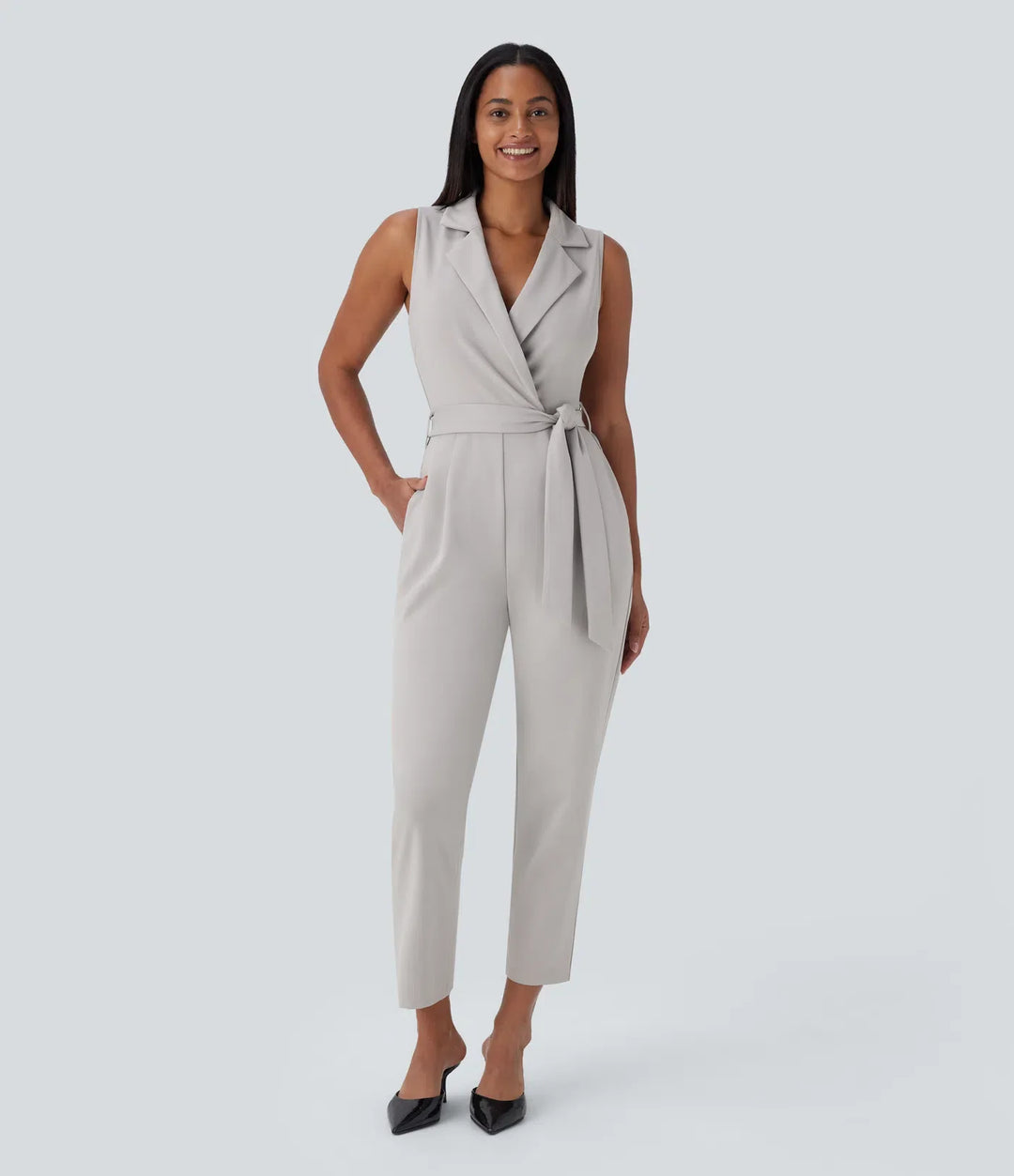 Ärmlös fickor bältad avsmalnande arbetsjumpsuit
