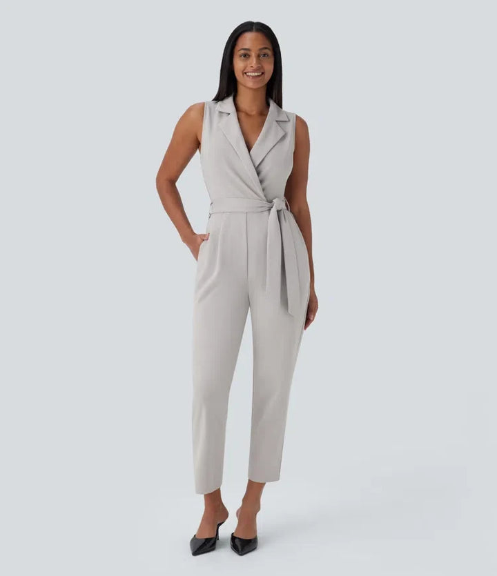 Ärmlös fickor bältad avsmalnande arbetsjumpsuit