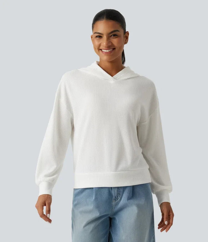 Med huva nedhasad axel långärmad våffelstruktur vardaglig sweatshirt