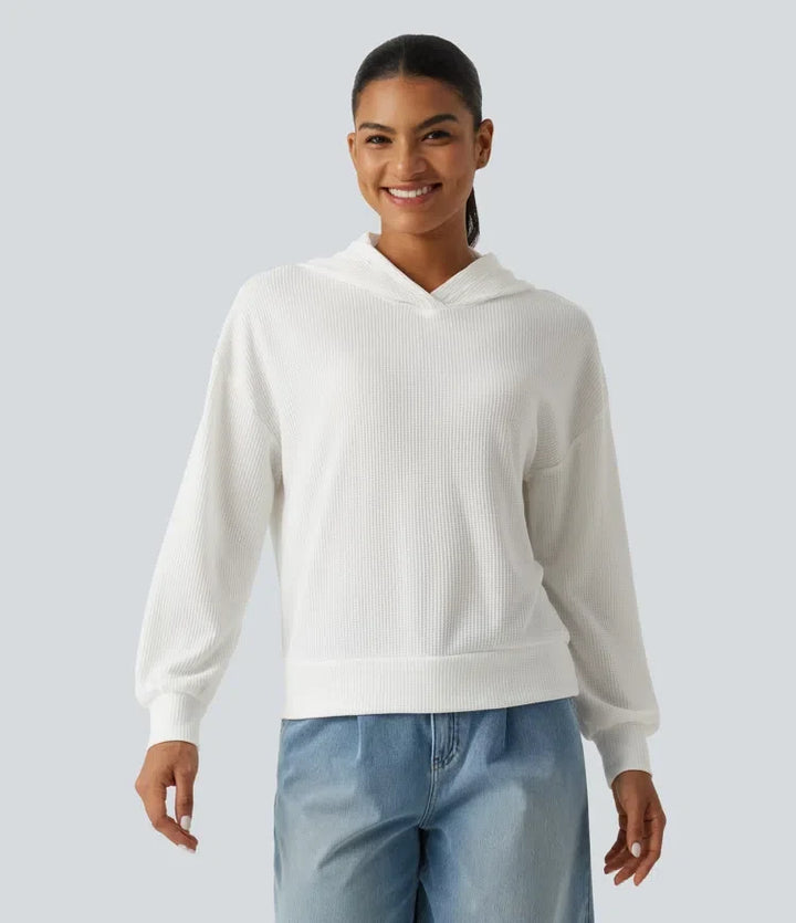 Med huva nedhasad axel långärmad våffelstruktur vardaglig sweatshirt