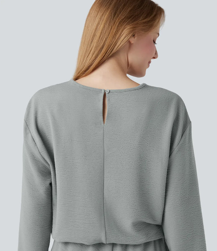 V-ringad långärmad dragsko vardaglig jumpsuit med fickor-Easy Peezy