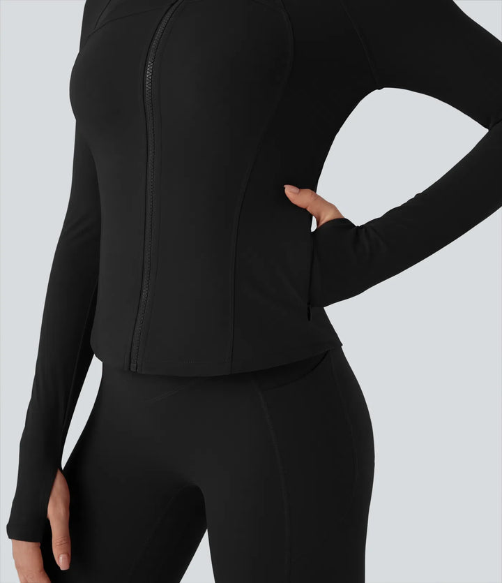 Lyckera UltraSculpt ståkrage långärmad tumhål yoga kurvig jacka med fickor