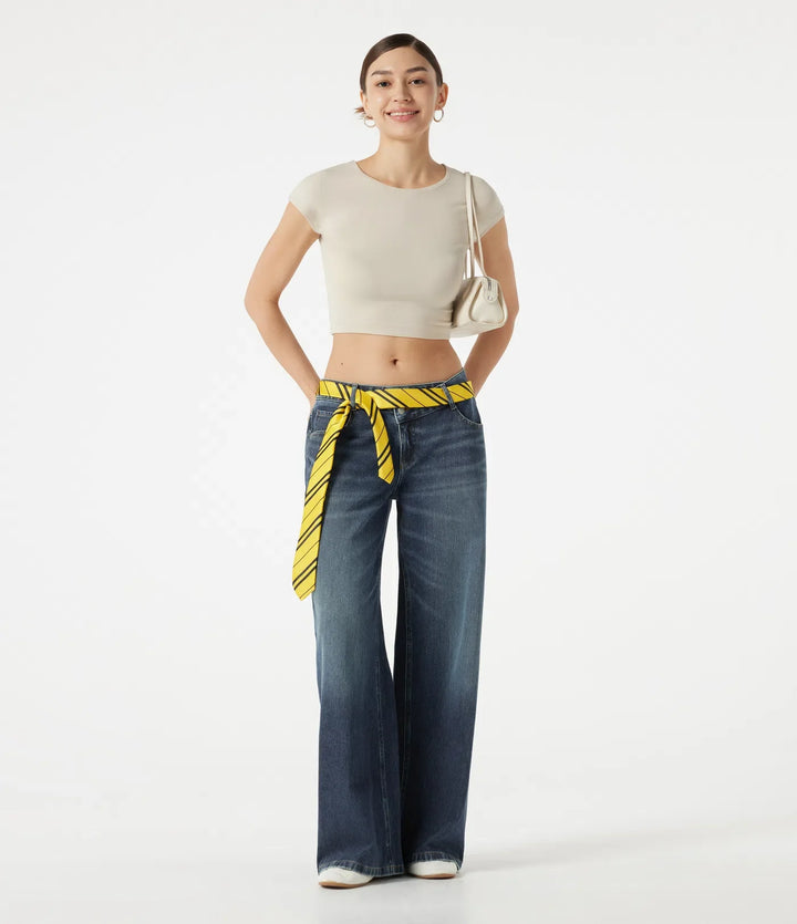 Lyckera Flex asymmetrisk låg midja baggy tvättad vardagsjeans med fickor