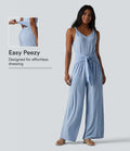 V-ringad ärmlös knytning fram vida ben vardaglig jumpsuit med fickor-Easy Peezy Edition