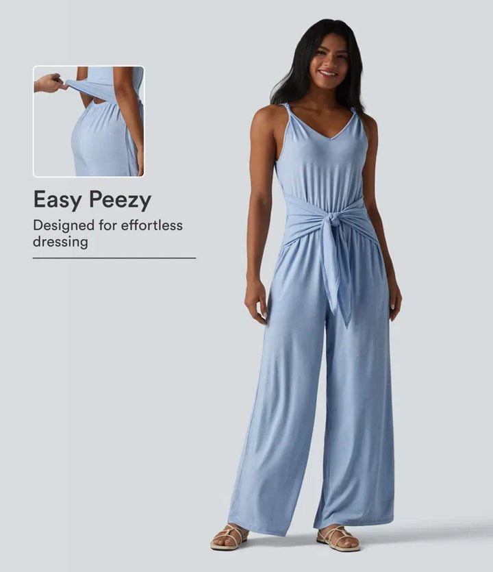 V-ringad ärmlös knytning fram vida ben vardaglig jumpsuit med fickor-Easy Peezy Edition