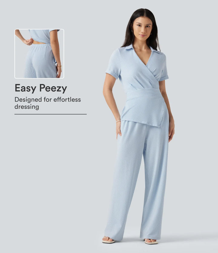 Kortärmad omlott knytning i ryggen randig skrynklad bomull vardaglig skjorta jumpsuit med fickor-Easy Peezy Edition